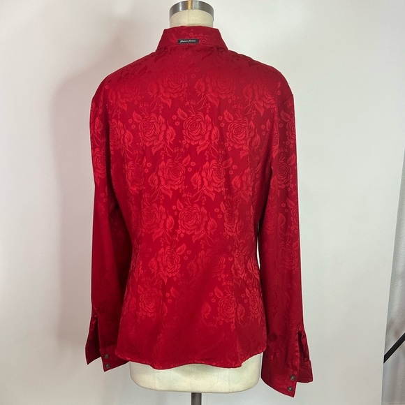 Vintage GUESS JEANS USA red rose jacquard Y2K 90s shirt XL - Picture 4 of 8